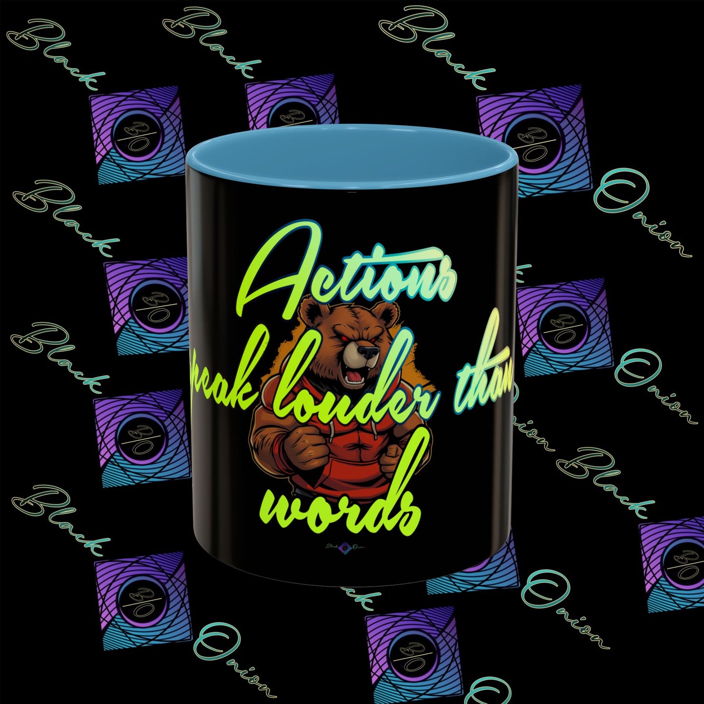 BlackOnion Coffee Mug - 11oz with Workout Motif ‘Actions speak lauder than words’🔥💪🫵