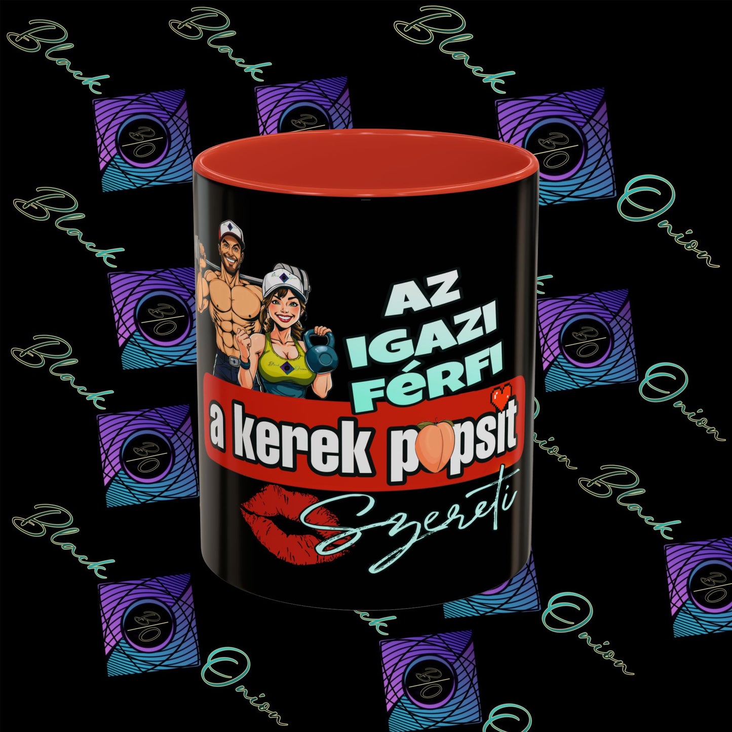 BlackOnion Coffee Mug Serial 2 with Workout Motif ‘Az igazi férfiak a kerek popsit szeretik ‘🫵🔥💪