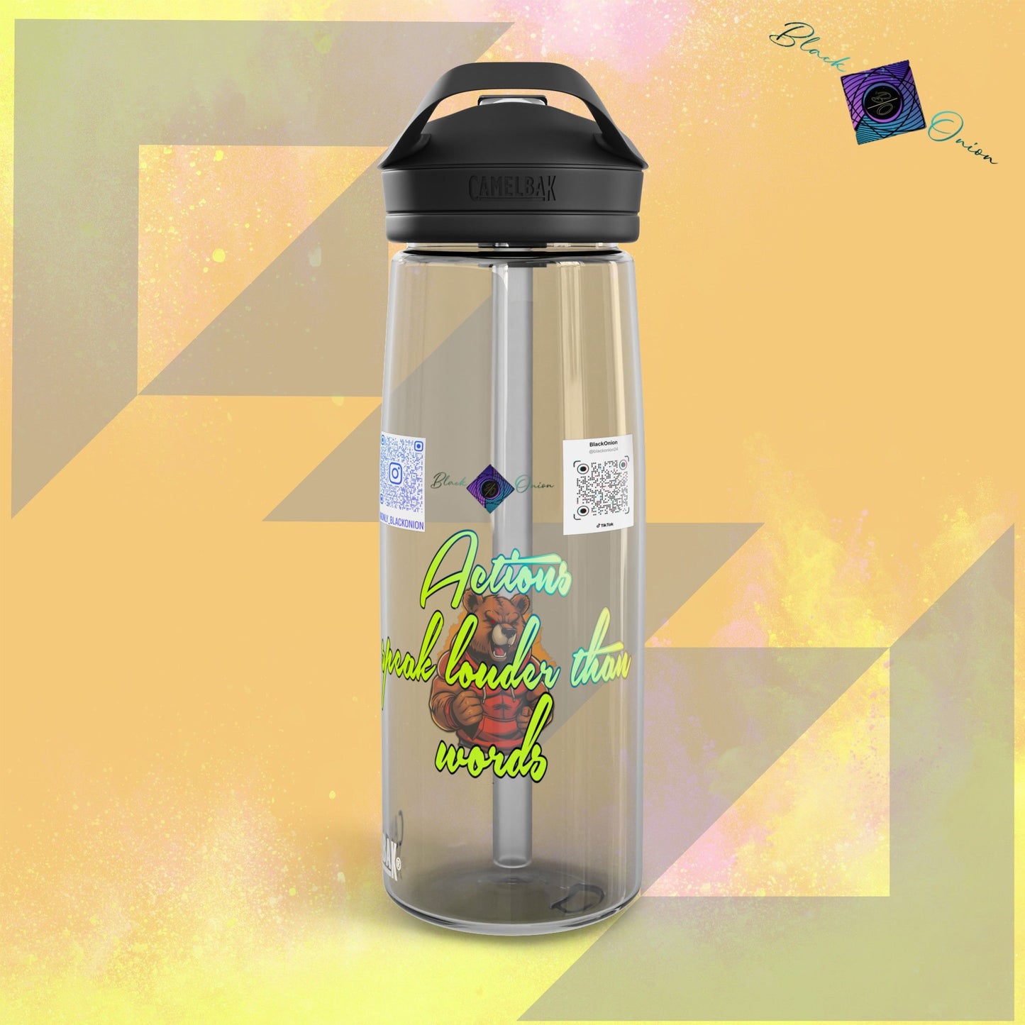 CamelBak Eddy® Water Bottle with BlackOnion Brand and Workout Motif- "Actions Speak Louder Than Words" -25oz
