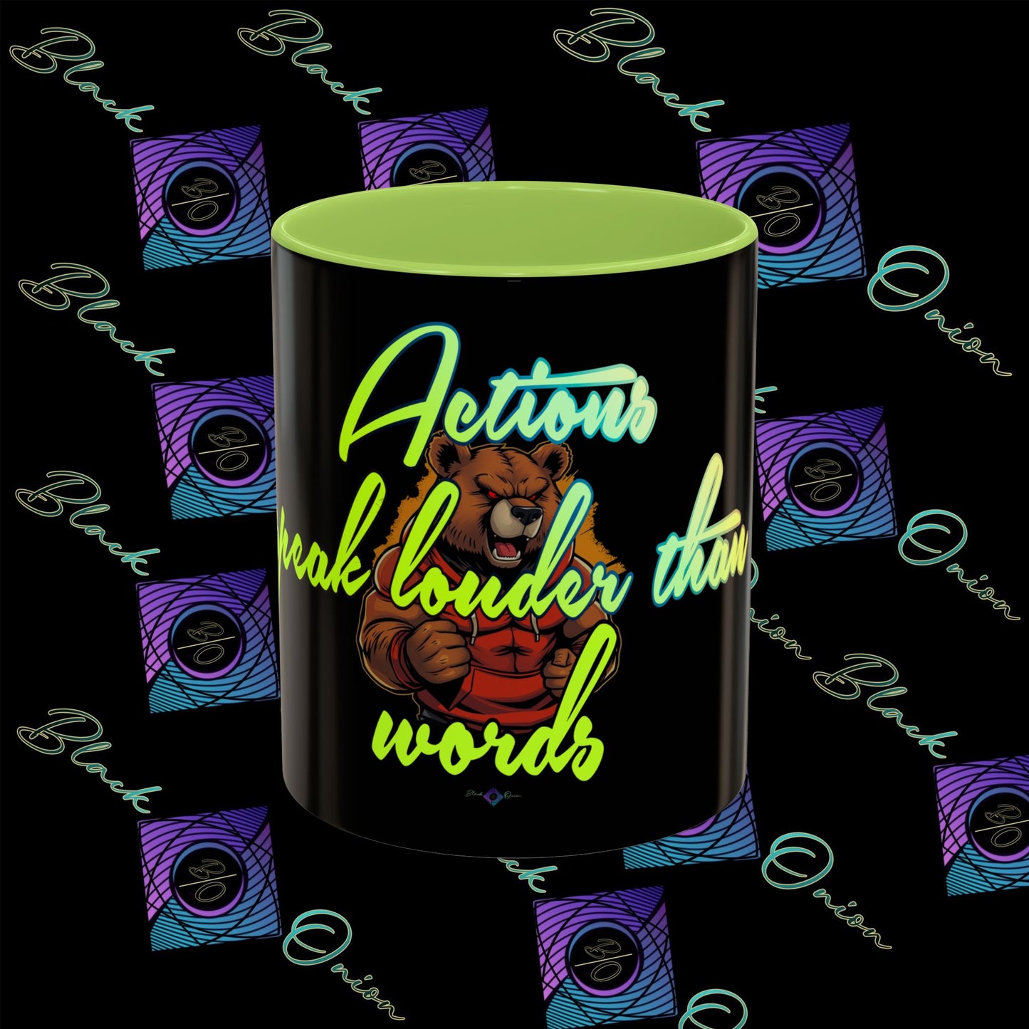 BlackOnion Coffee Mug 2 with Workout Motif ‘Actions speak lauder than words V2’🫵🔥💪