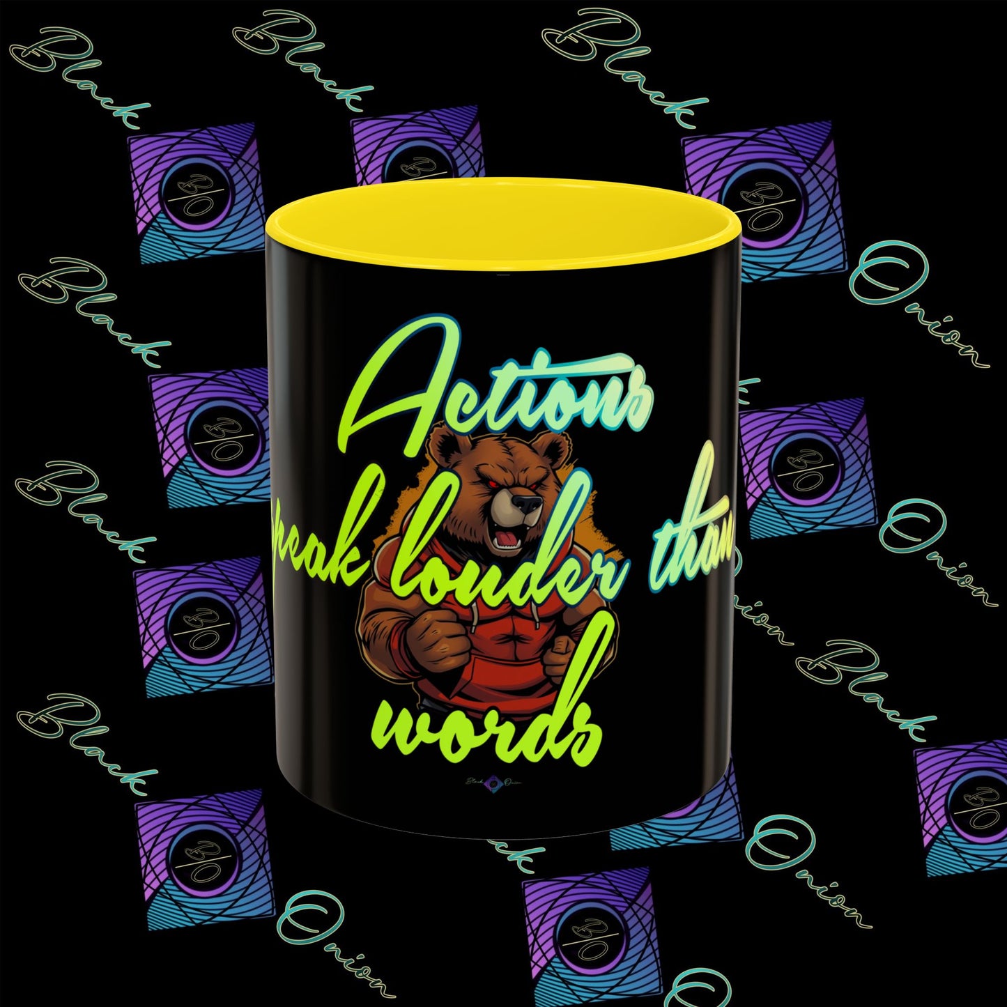 BlackOnion Coffee Mug - 11oz with Workout Motif ‘Actions speak lauder than words’🔥💪🫵