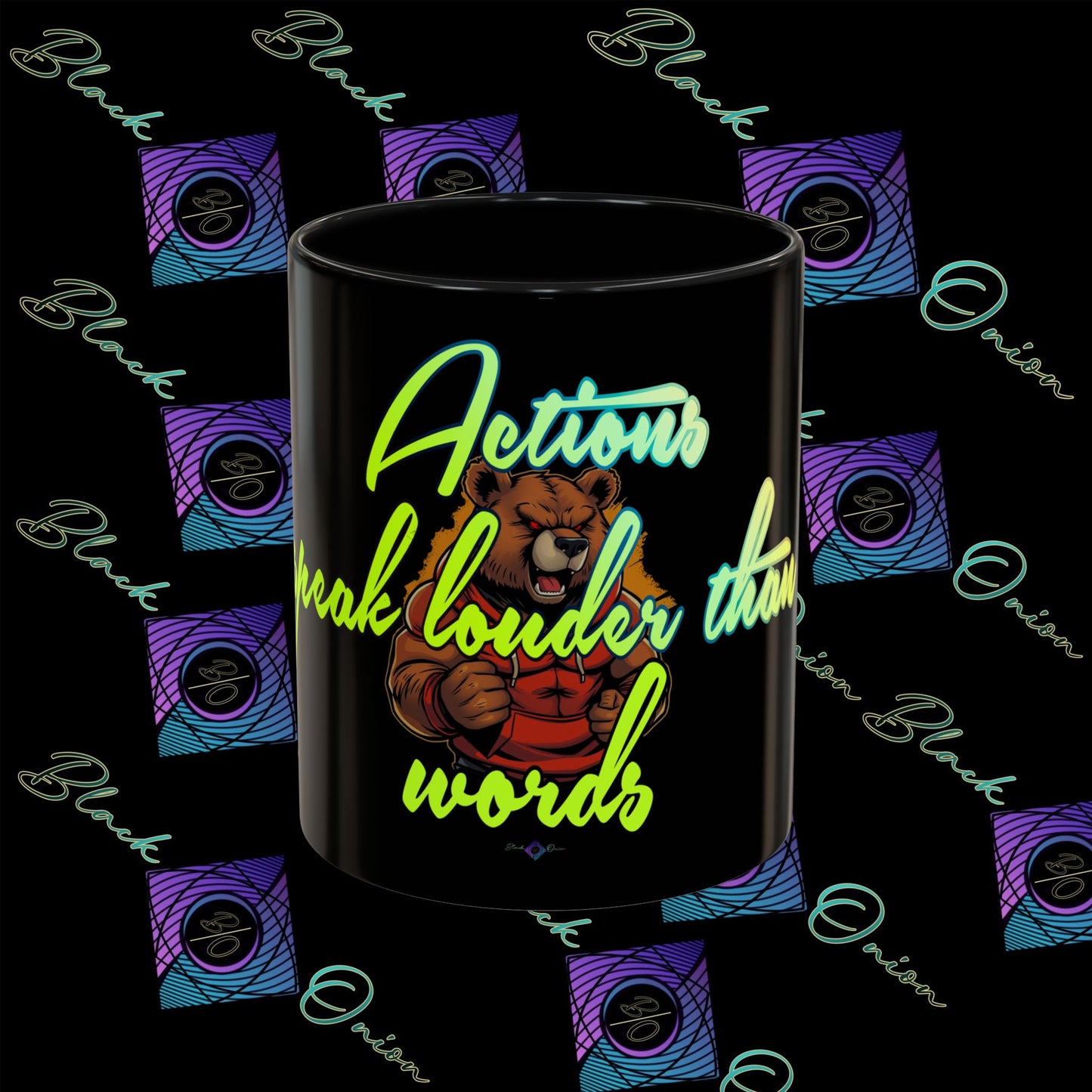 BlackOnion Coffee Mug - 11oz with Workout Motif ‘Actions speak lauder than words’🔥💪🫵