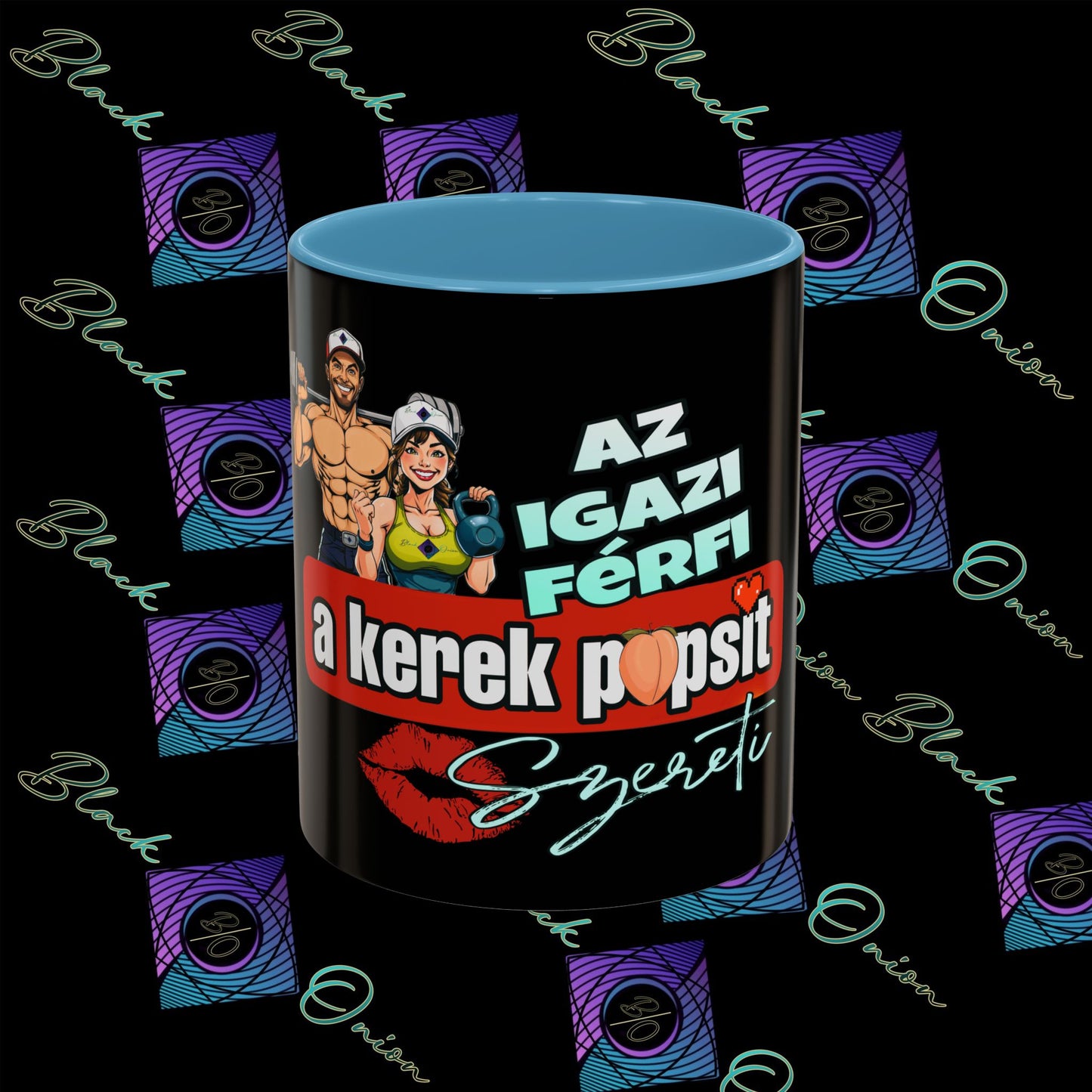 BlackOnion Coffee Mug Serial 2 with Workout Motif ‘Az igazi férfiak a kerek popsit szeretik ‘🫵🔥💪