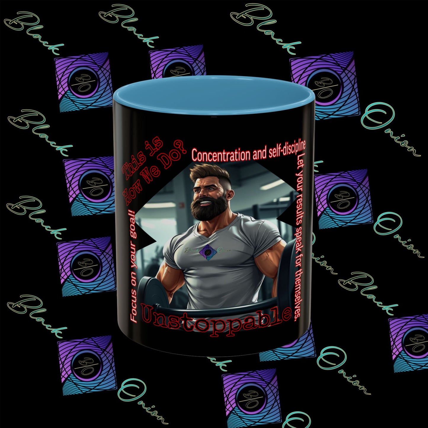 BlackOnion Coffee Mug - 11oz with Workout Motif ‘Unstoppable’🔥💪🫵