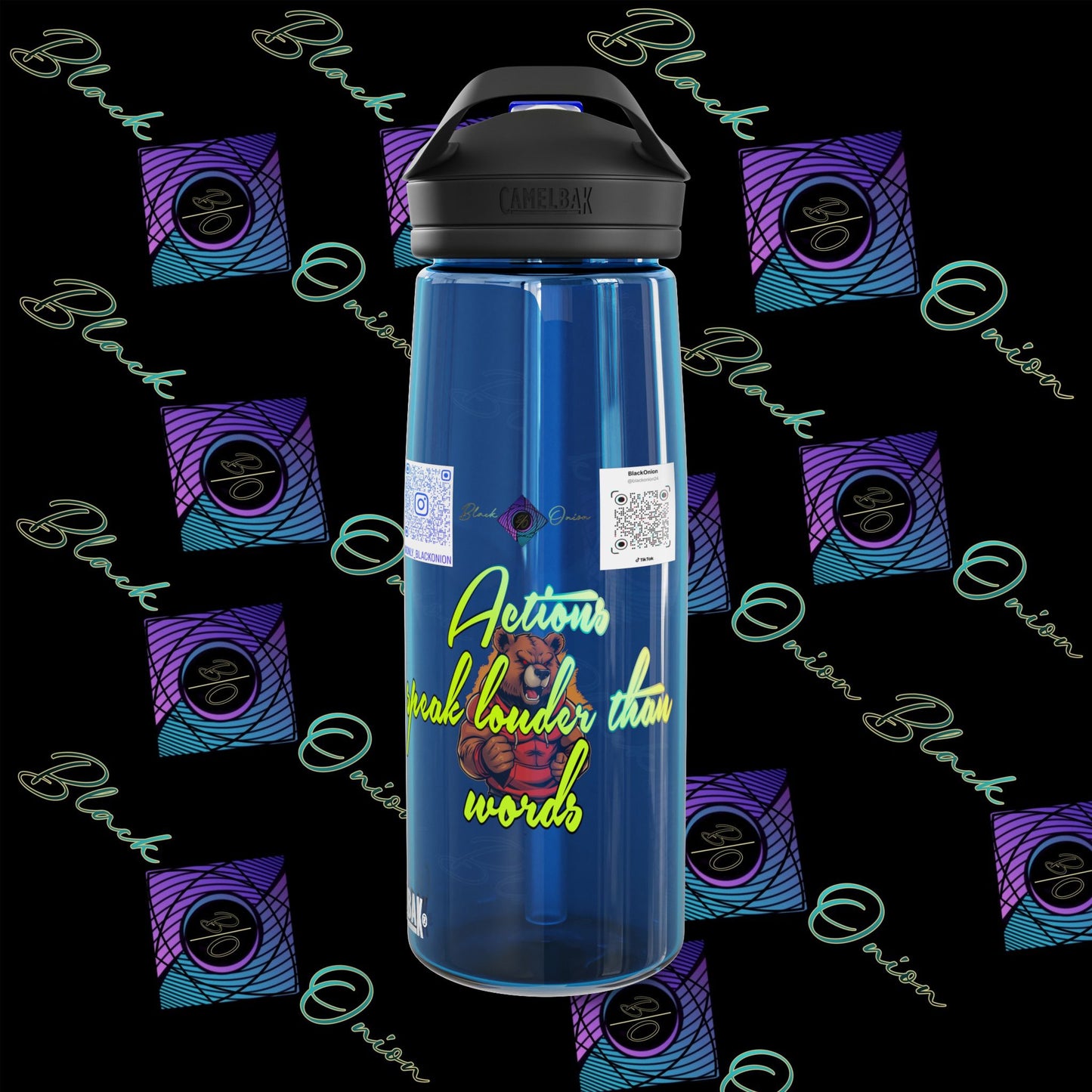 CamelBak Eddy® Water Bottle with BlackOnion Brand and Workout Motif- "Actions Speak Louder Than Words" -25oz