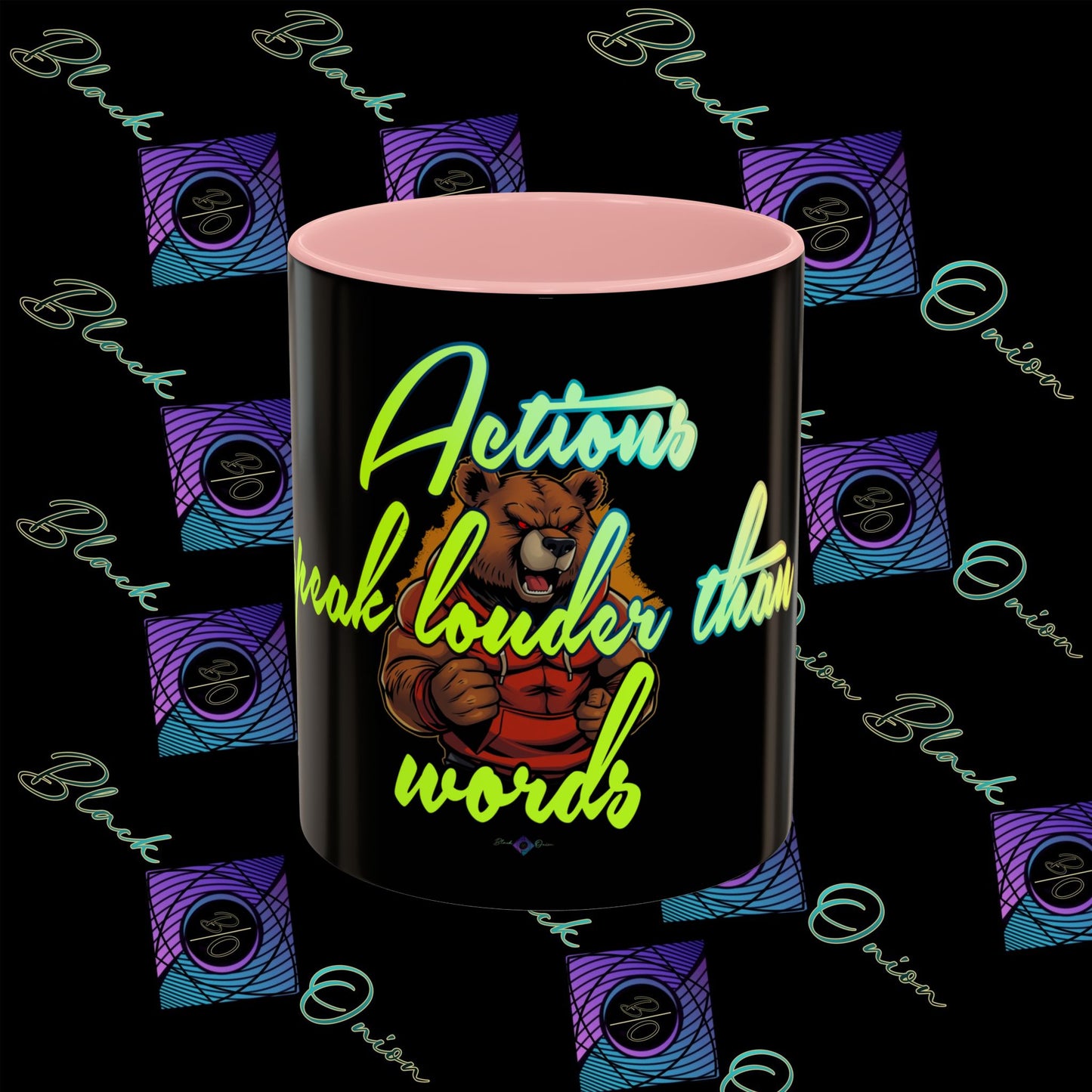 BlackOnion Coffee Mug 2 with Workout Motif ‘Actions speak lauder than words V2’🫵🔥💪