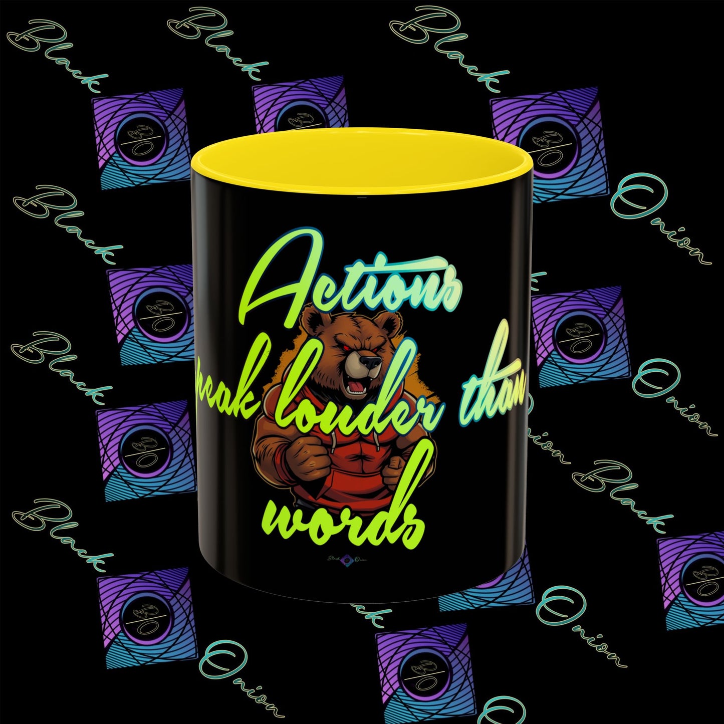 BlackOnion Coffee Mug 2 with Workout Motif ‘Actions speak lauder than words V2’🫵🔥💪