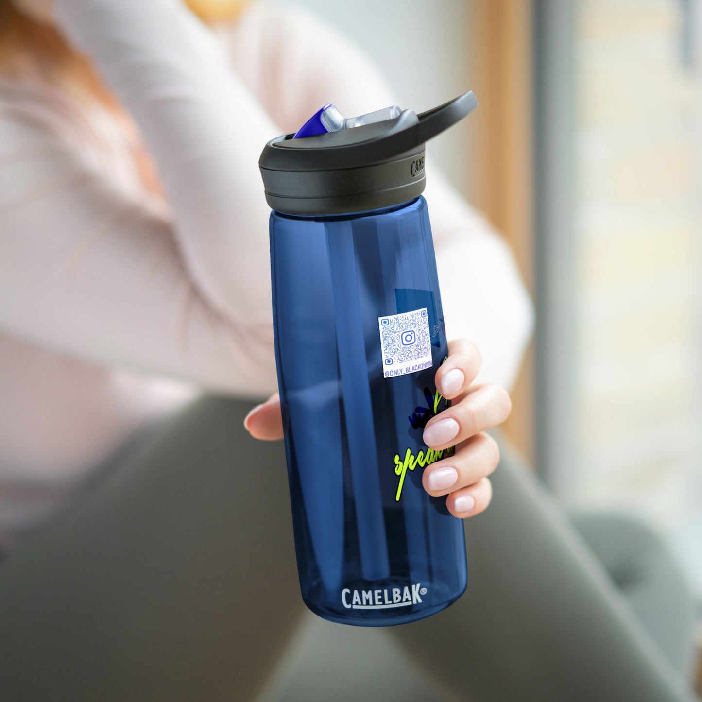 CamelBak Eddy® Water Bottle with BlackOnion Brand and Workout Motif- "Actions Speak Louder Than Words" -25oz