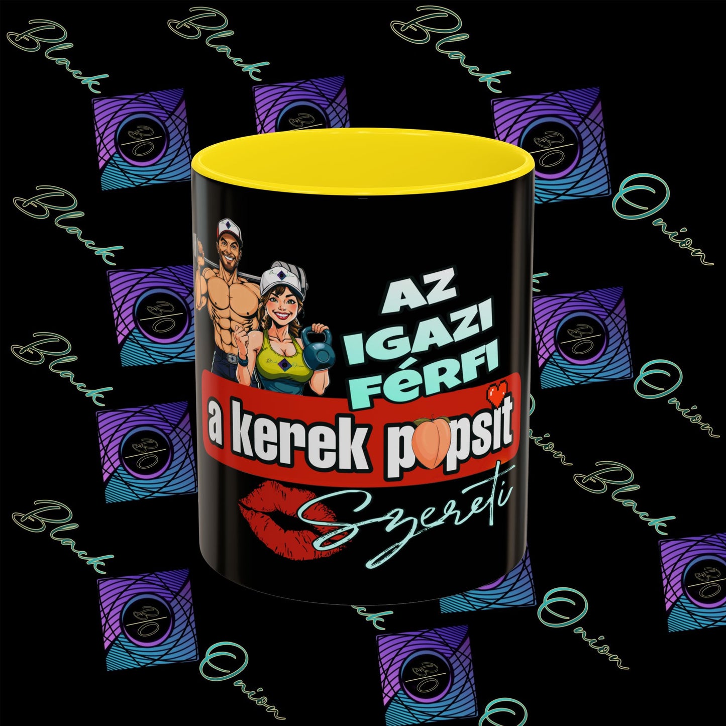 BlackOnion Coffee Mug Serial 2 with Workout Motif ‘Az igazi férfiak a kerek popsit szeretik ‘🫵🔥💪