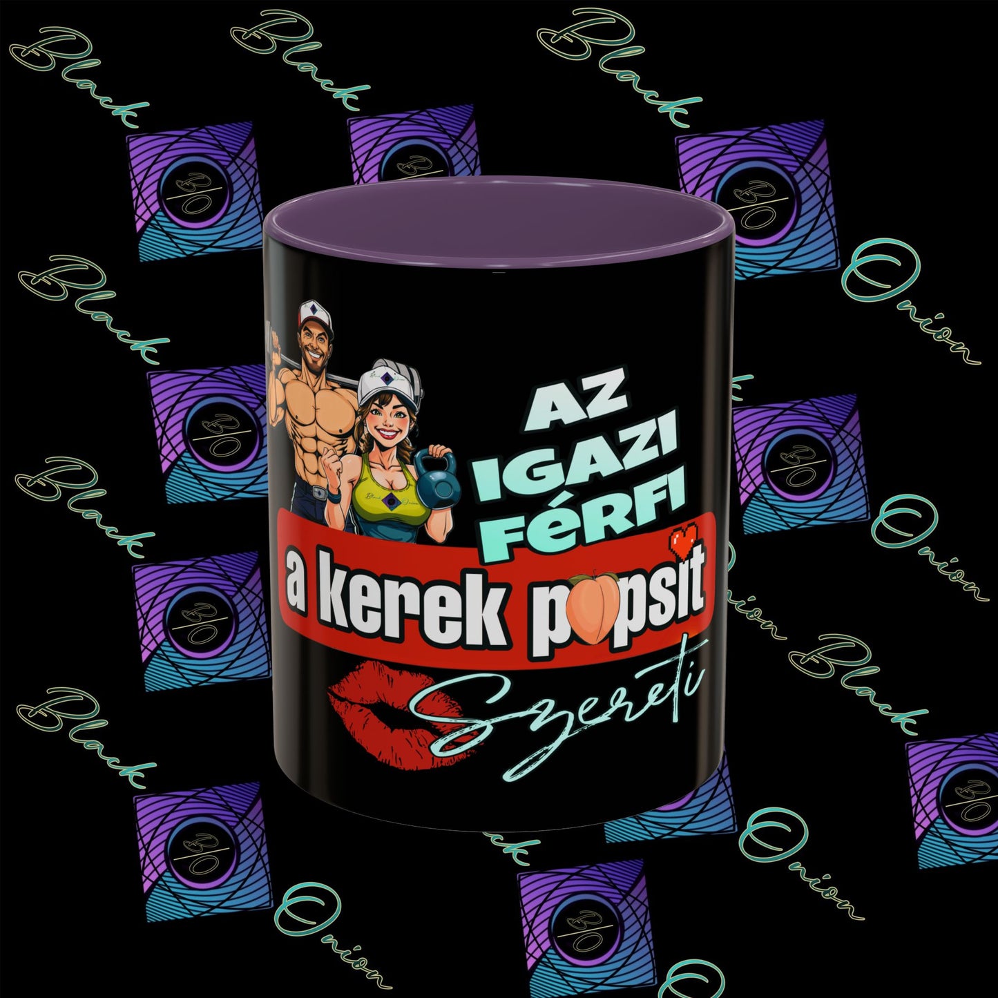 BlackOnion Coffee Mug Serial 2 with Workout Motif ‘Az igazi férfiak a kerek popsit szeretik ‘🫵🔥💪