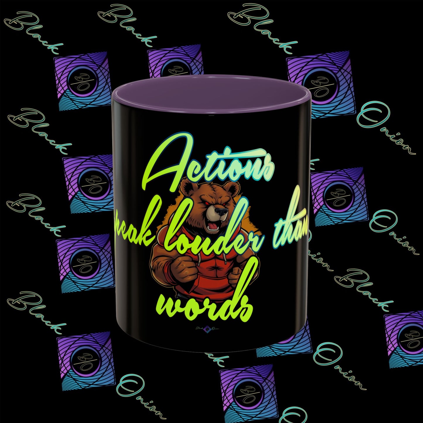 BlackOnion Coffee Mug - 11oz with Workout Motif ‘Actions speak lauder than words’🔥💪🫵