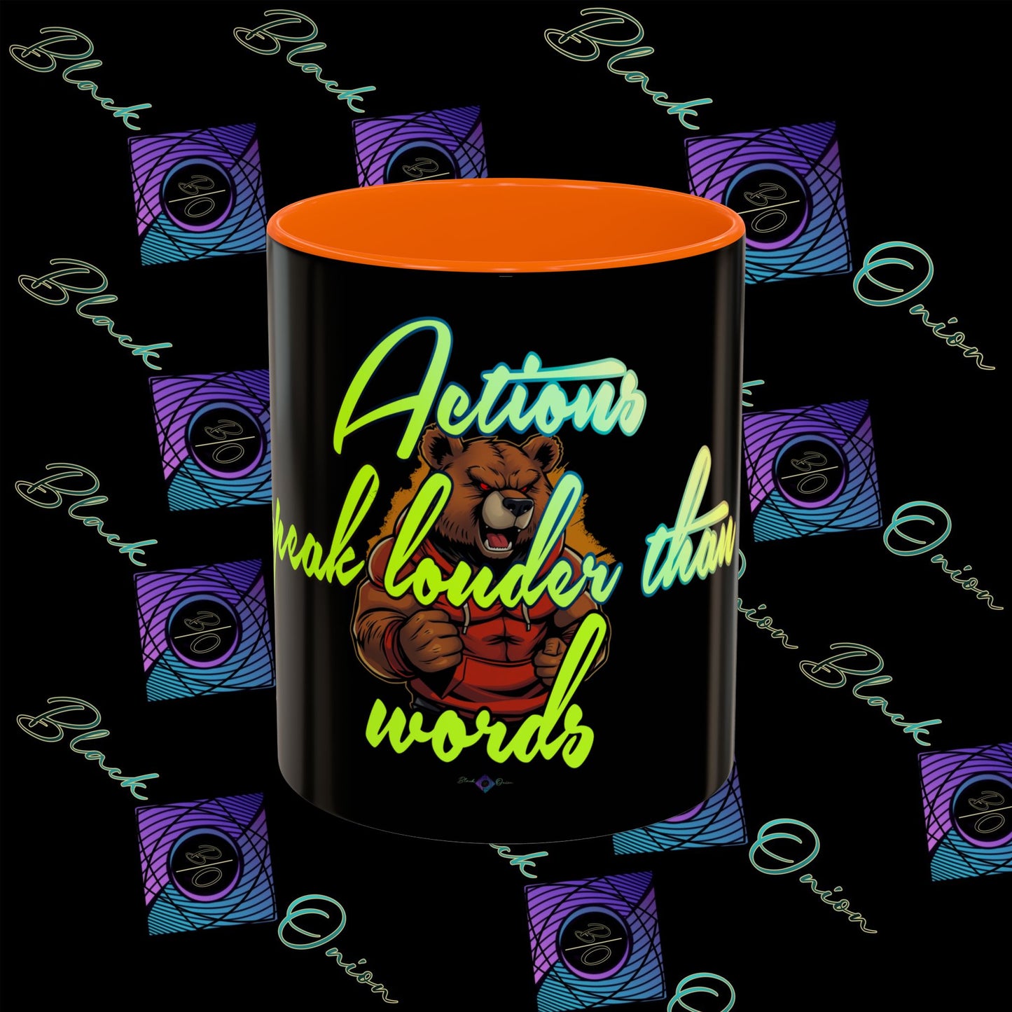 BlackOnion Coffee Mug 2 with Workout Motif ‘Actions speak lauder than words V2’🫵🔥💪
