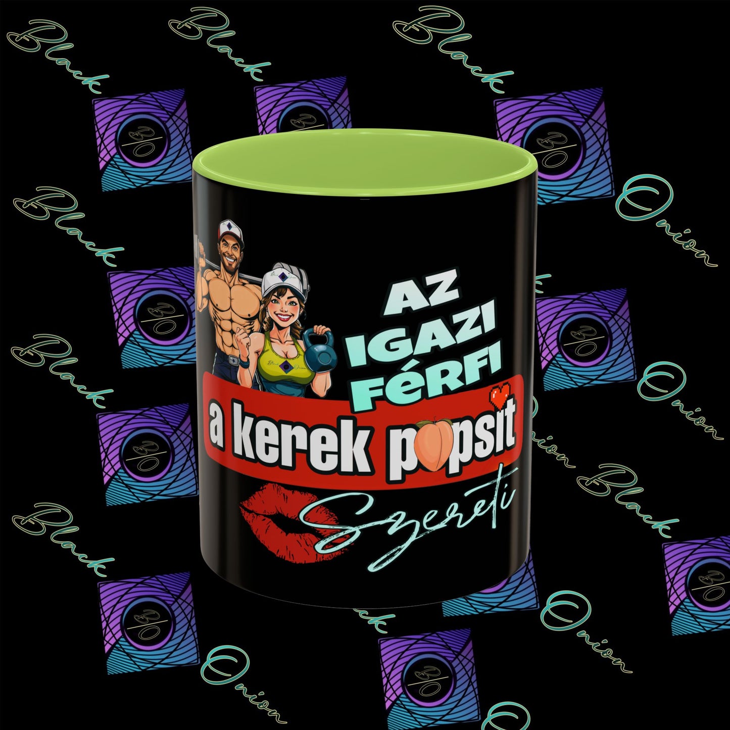 BlackOnion Coffee Mug Serial 2 with Workout Motif ‘Az igazi férfiak a kerek popsit szeretik ‘🫵🔥💪