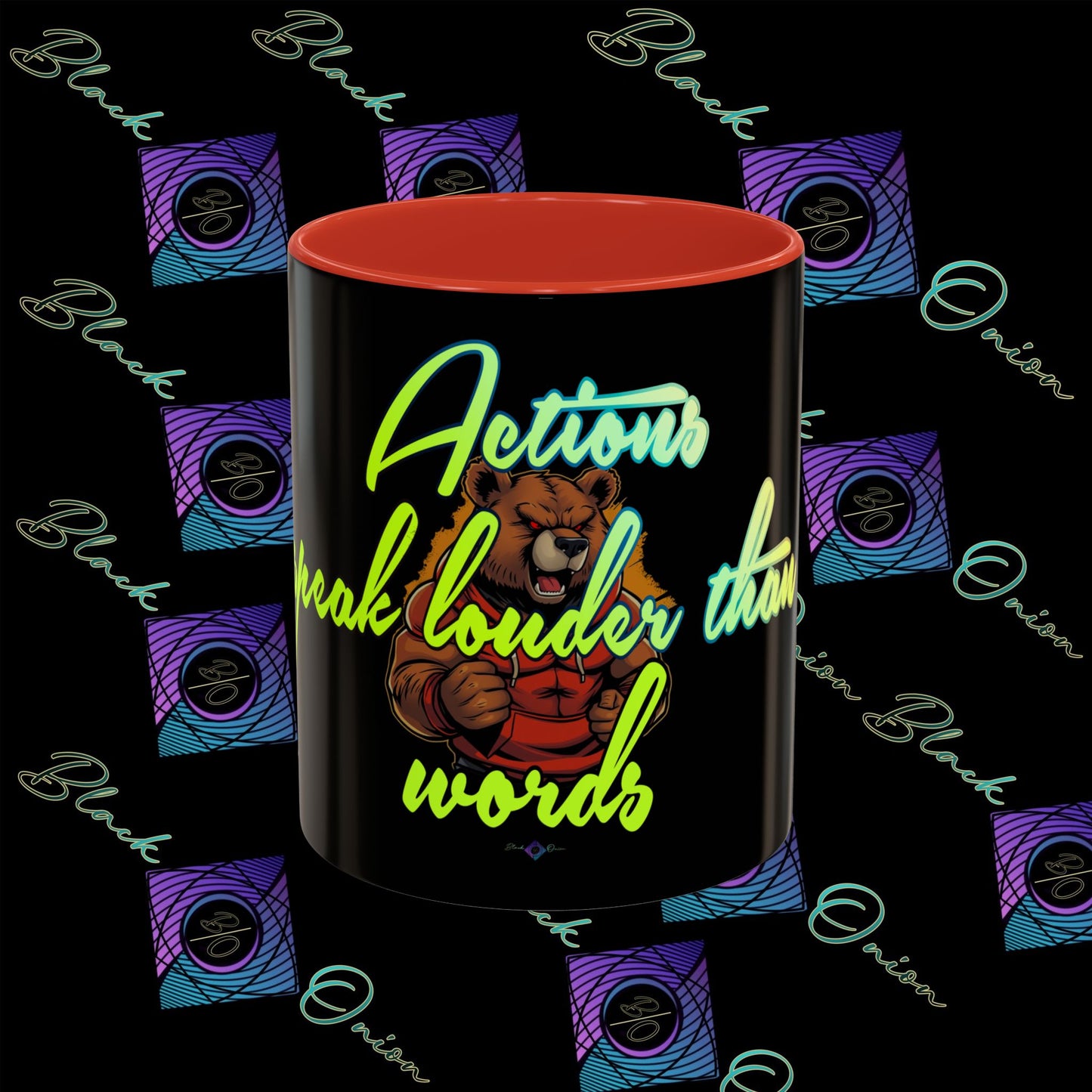BlackOnion Coffee Mug - 11oz with Workout Motif ‘Actions speak lauder than words’🔥💪🫵