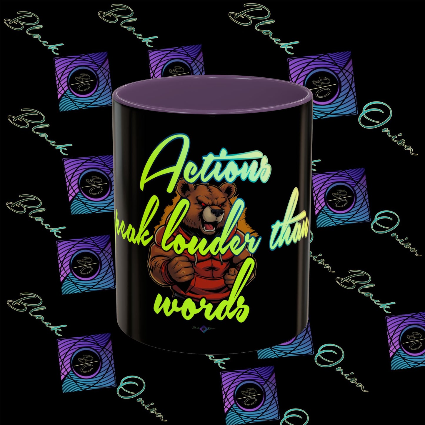 BlackOnion Coffee Mug 2 with Workout Motif ‘Actions speak lauder than words V2’🫵🔥💪