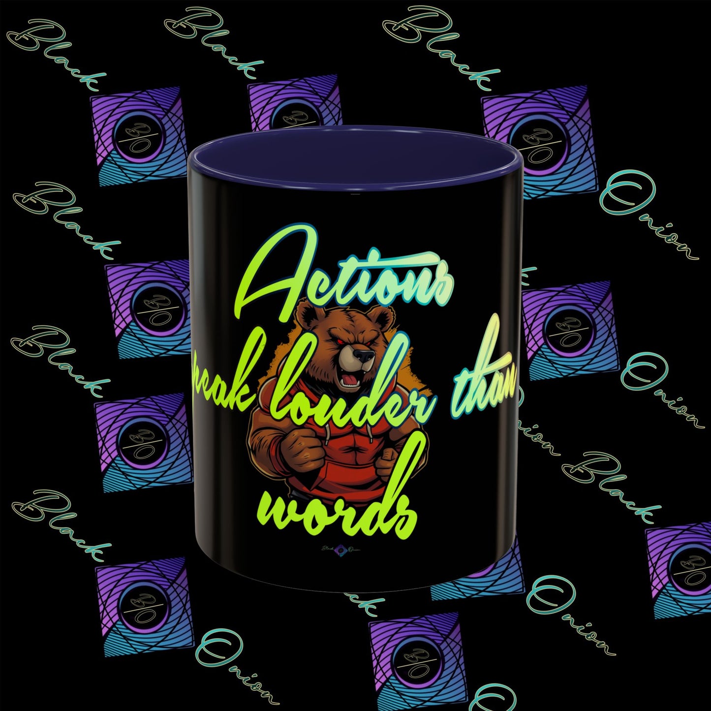 BlackOnion Coffee Mug 2 with Workout Motif ‘Actions speak lauder than words V2’🫵🔥💪