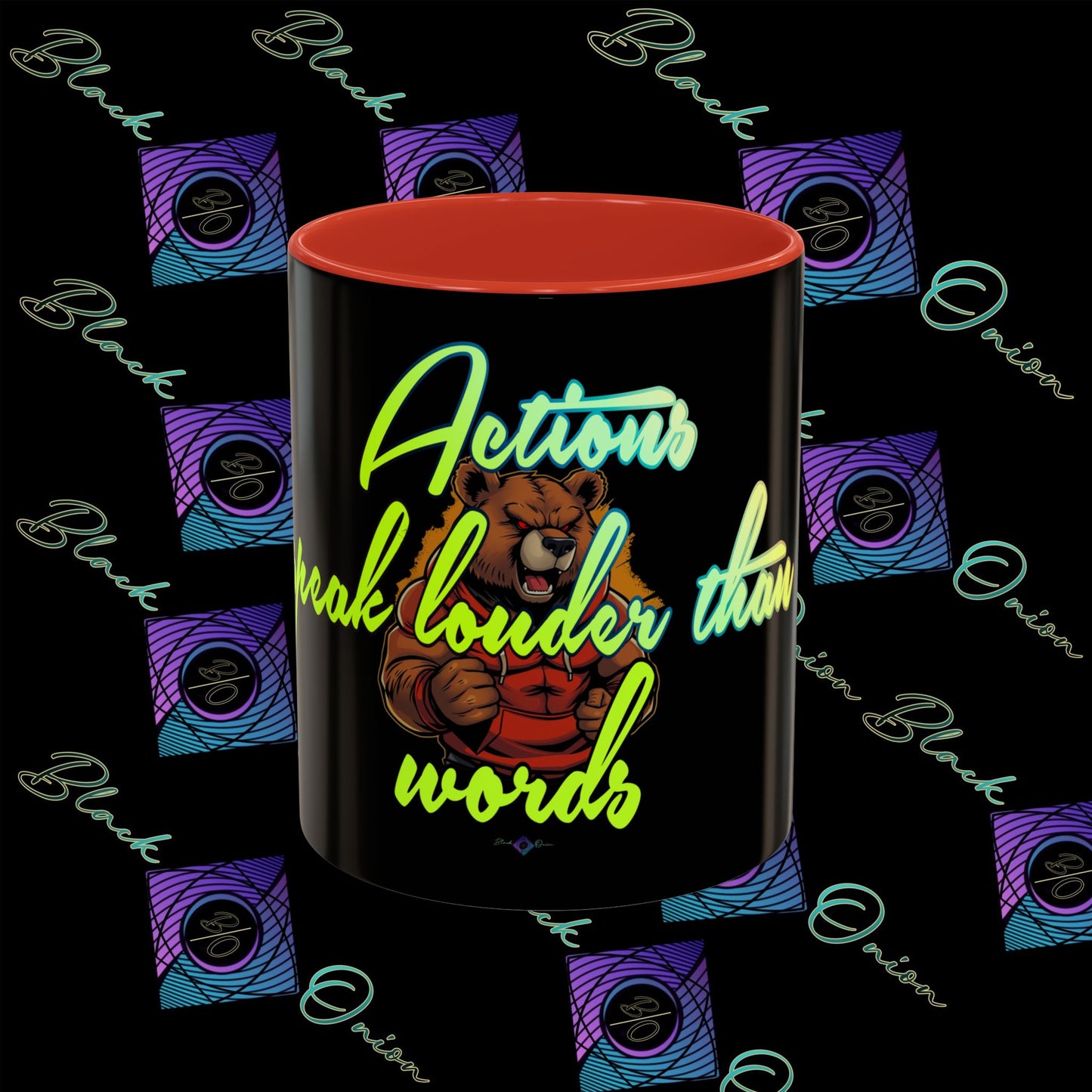 BlackOnion Coffee Mug 2 with Workout Motif ‘Actions speak lauder than words V2’🫵🔥💪