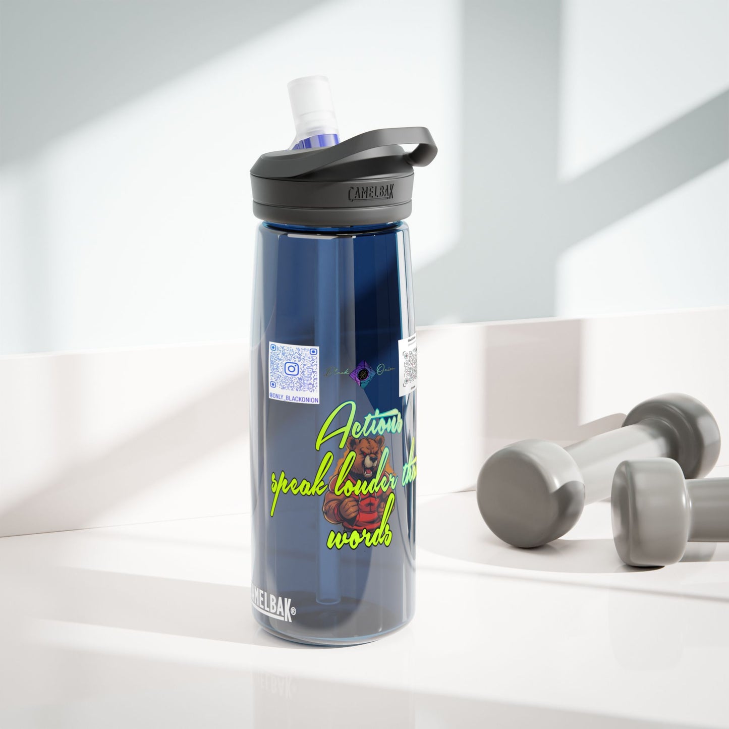 CamelBak Eddy® Water Bottle with BlackOnion Brand and Workout Motif- "Actions Speak Louder Than Words" -25oz
