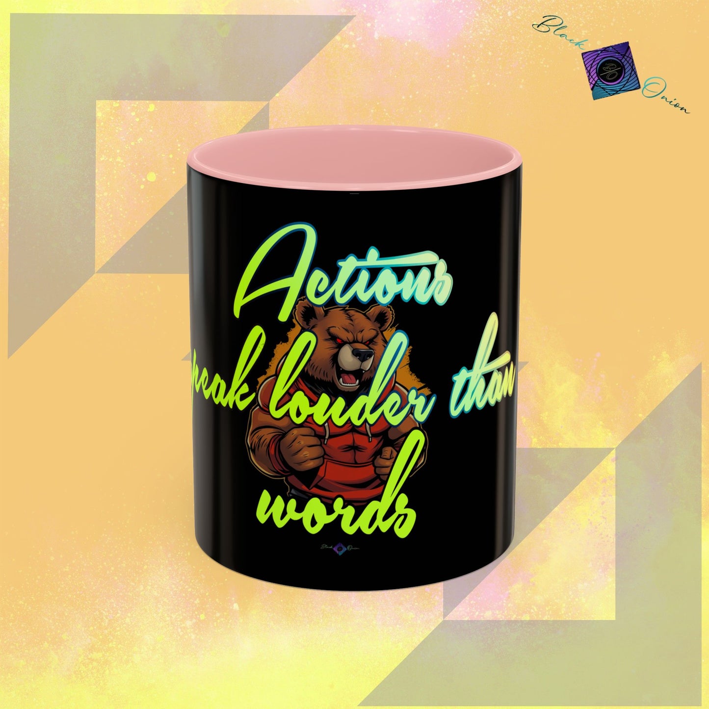BlackOnion Coffee Mug 2 with Workout Motif ‘Actions speak lauder than words V2’🫵🔥💪