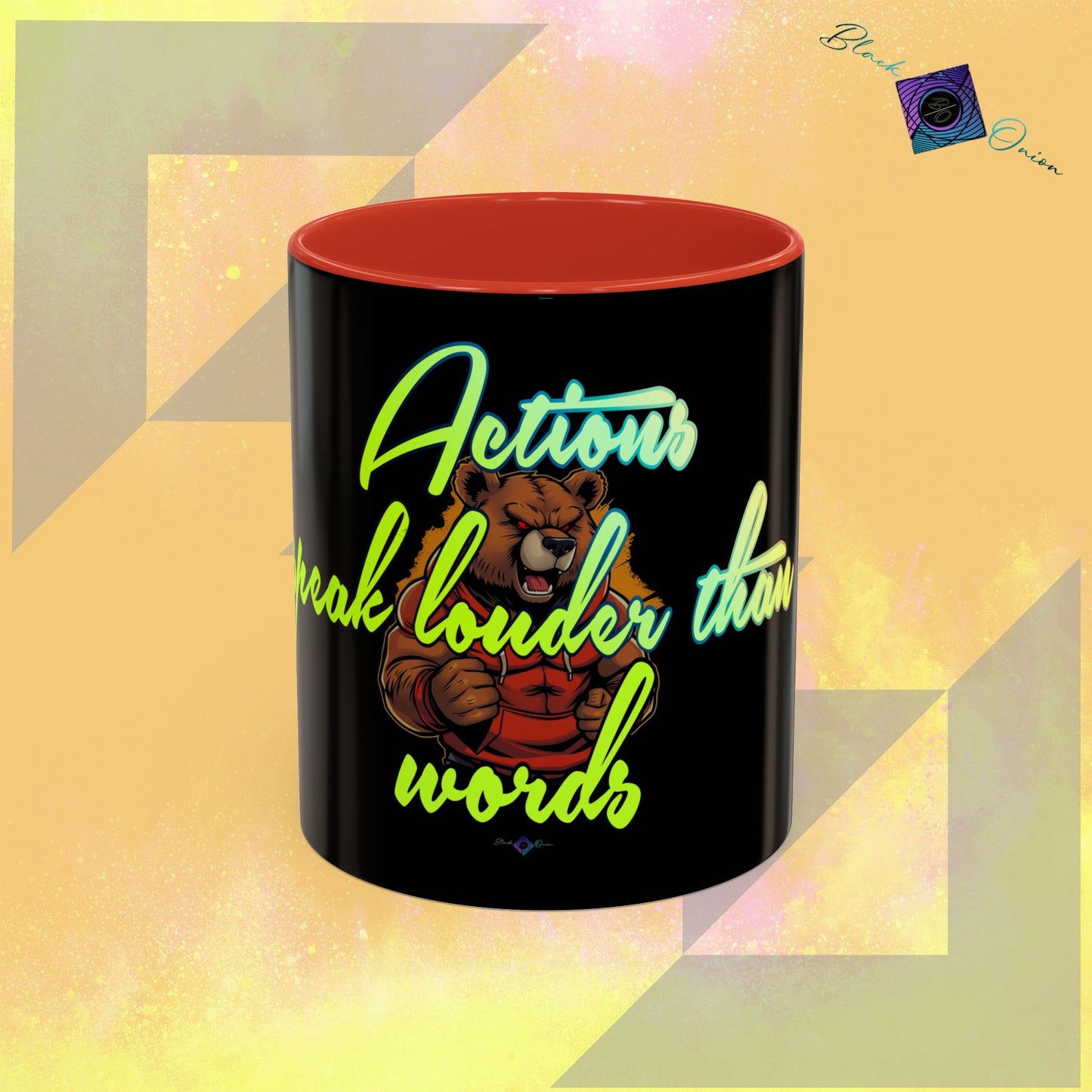 BlackOnion Coffee Mug 2 with Workout Motif ‘Actions speak lauder than words V2’🫵🔥💪