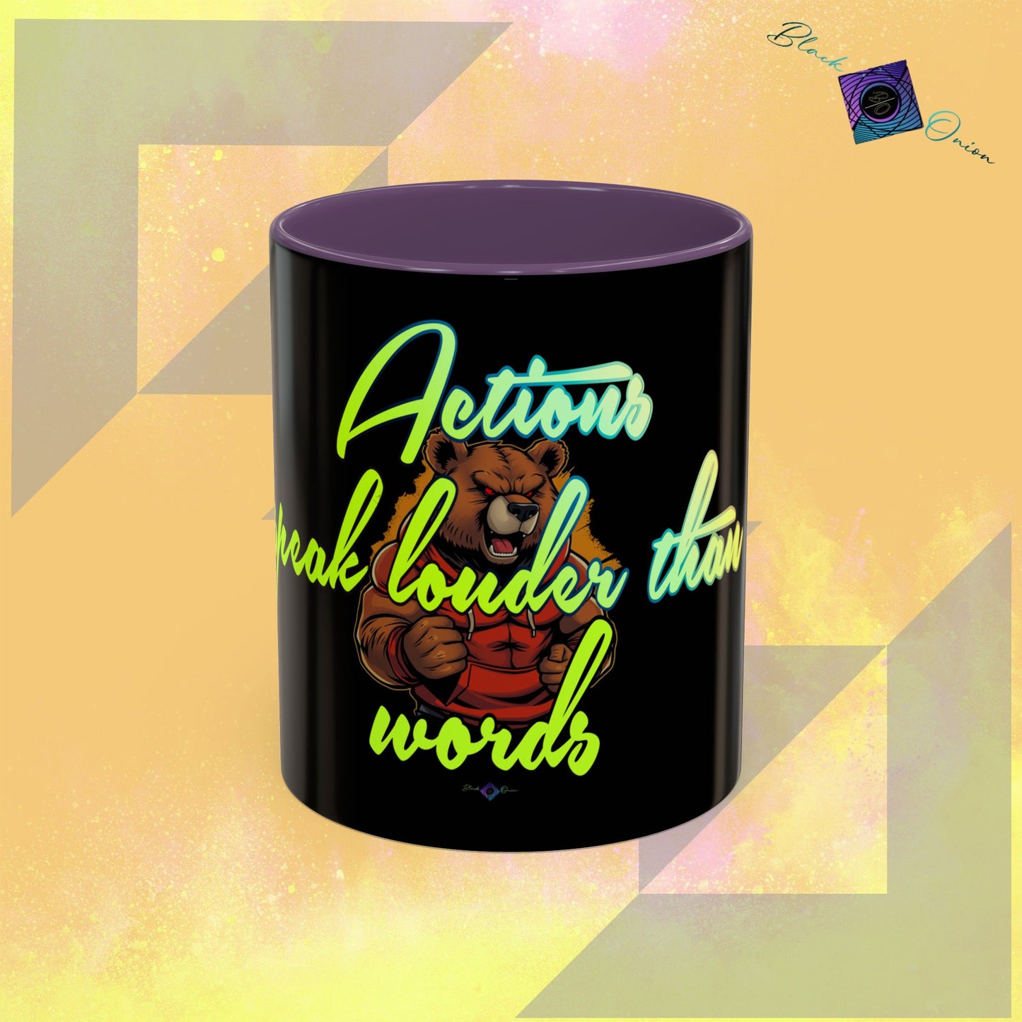 BlackOnion Coffee Mug 2 with Workout Motif ‘Actions speak lauder than words V2’🫵🔥💪