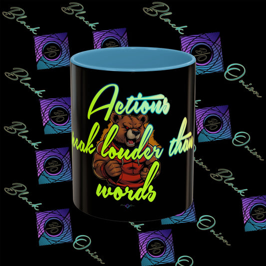BlackOnion Coffee Mug 2 with Workout Motif ‘Actions speak lauder than words V2’🫵🔥💪