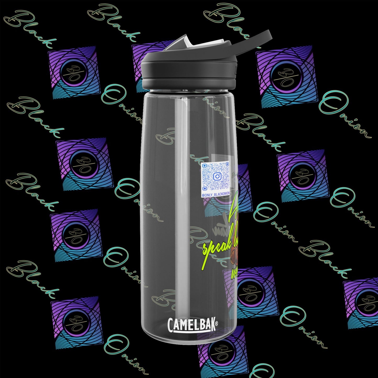 CamelBak Eddy® Water Bottle with BlackOnion Brand and Workout Motif- "Actions Speak Louder Than Words" -25oz