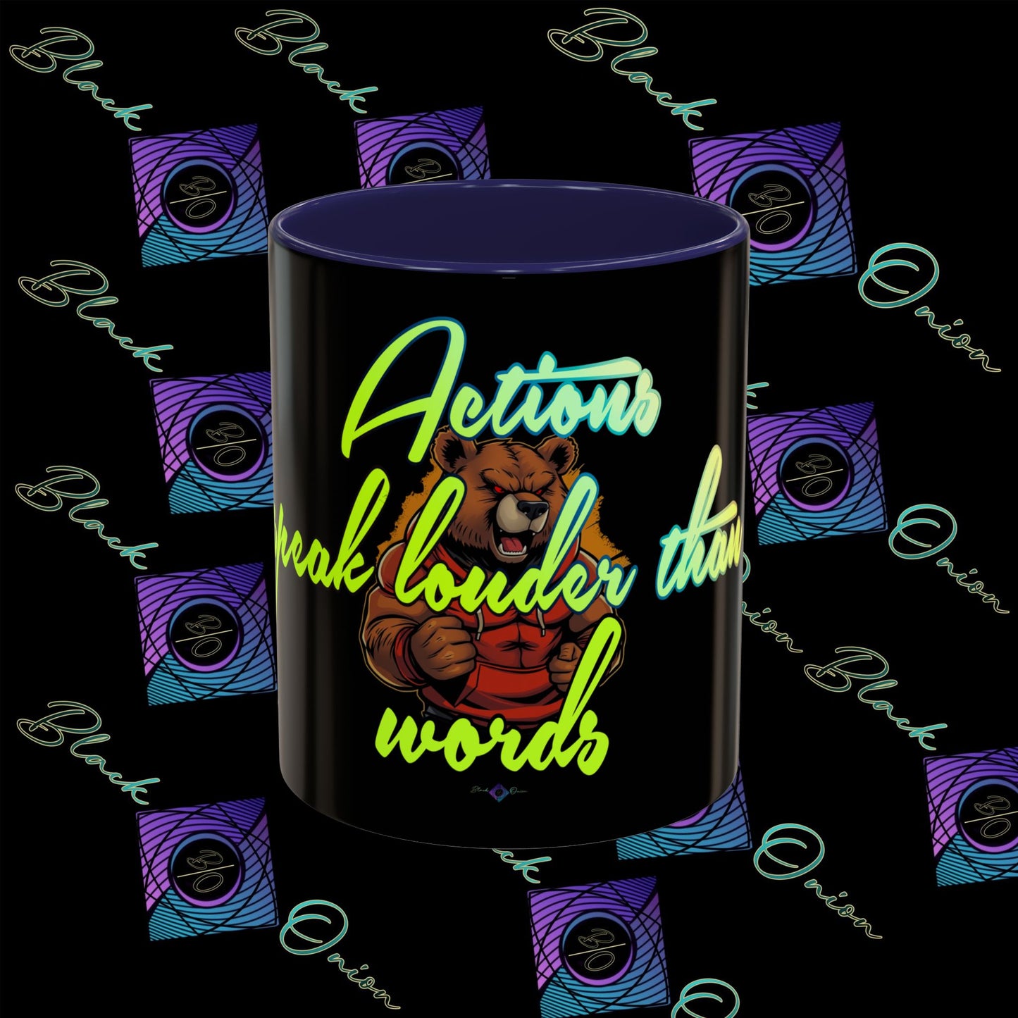 BlackOnion Coffee Mug - 11oz with Workout Motif ‘Actions speak lauder than words’🔥💪🫵