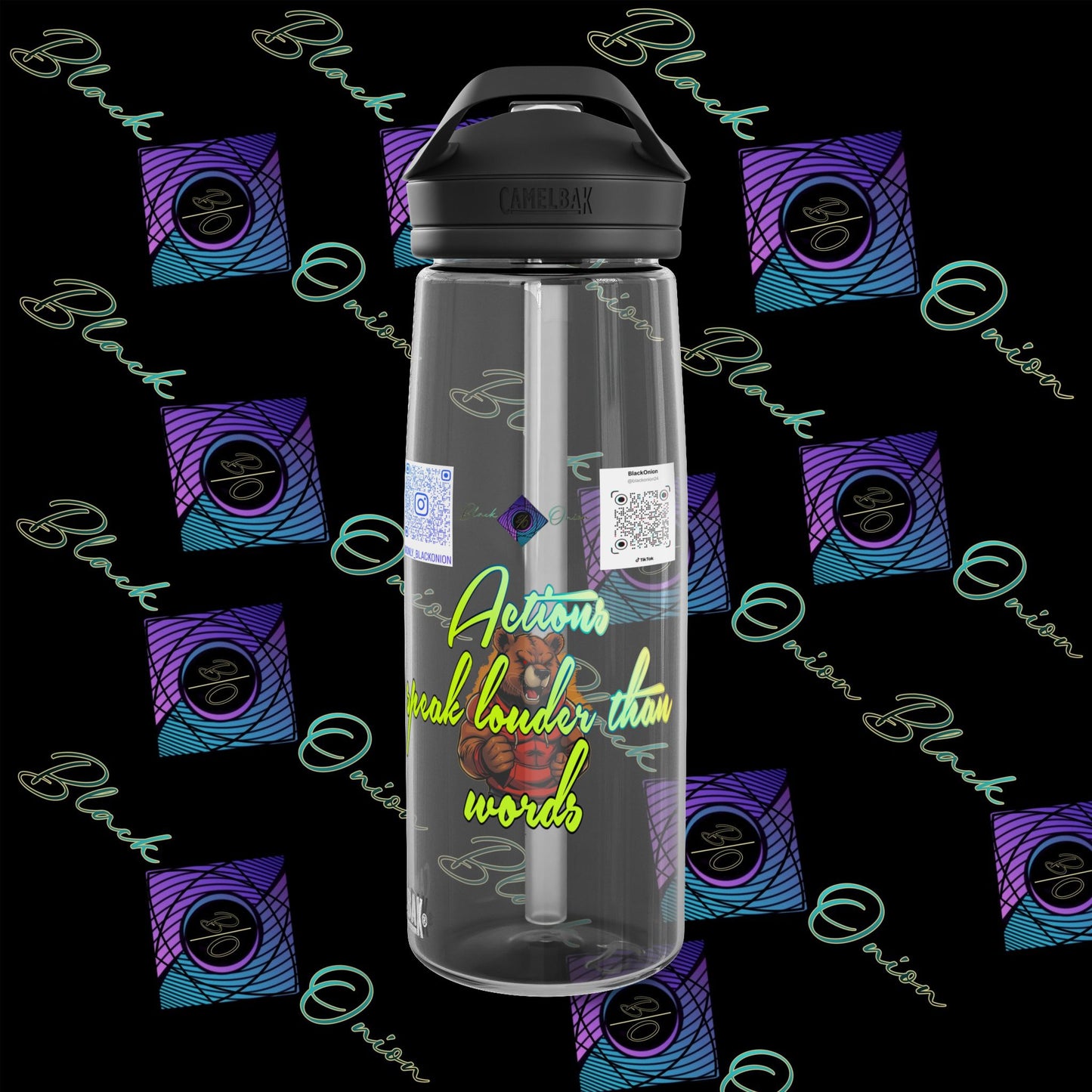 CamelBak Eddy® Water Bottle with BlackOnion Brand and Workout Motif- "Actions Speak Louder Than Words" -25oz