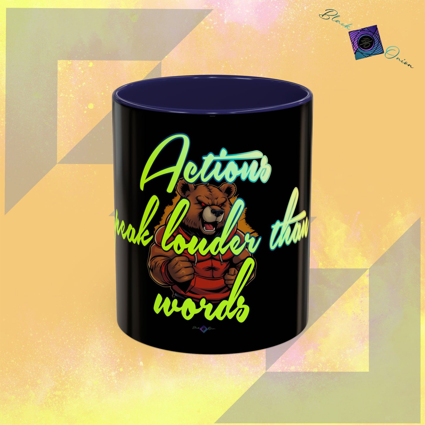 BlackOnion Coffee Mug 2 with Workout Motif ‘Actions speak lauder than words V2’🫵🔥💪